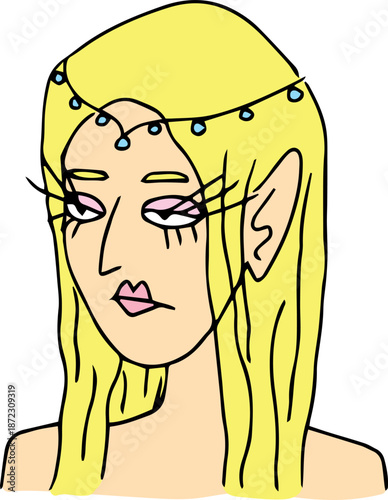 A blonde elf with long hair and a displeased expression. Drawn with black grunge lines, suitable for avatars, icons, posters, or branding