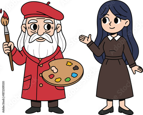 Cartoon painter artist with brush palette, teacher woman explaining, art education concept, creative class characters, vector illustration, learning design