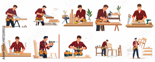 Woodworker activities set: A man carpentry professional sawing, sanding, measuring, and drilling wood in the workshop, crafting furniture.