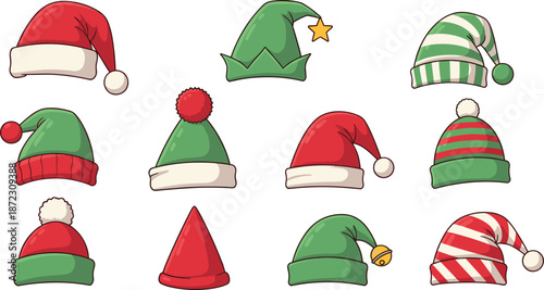 Christmas hat collection set, cute holiday headwear icons, Santa elf winter caps, festive cartoon accessories, vector illustration pack for designers