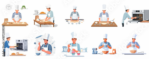 Vector set of a professional male baker preparing dough, baking bread, and decorating pastries, illustrating key steps in the cooking process.