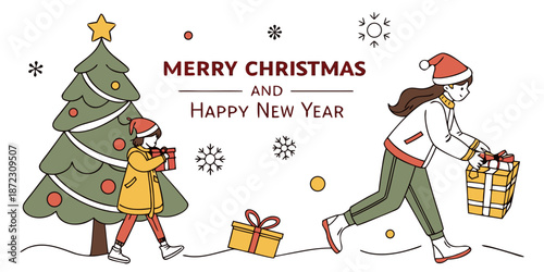 2027 Holiday Celebration Vector – Gift Bearers and Decorated Christmas Tree with Festive Typography