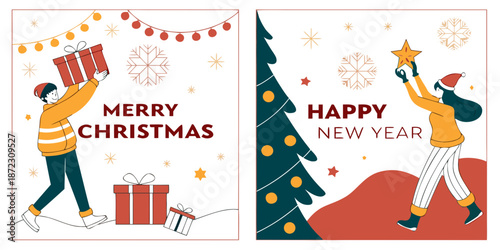 2027 Holiday Greeting Card Vector – Gift Lifter and Tree Topper with Festive Typography and Snowflakes