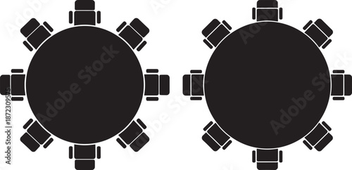 Round conference table with eight chairs top view silhouette icons. Perfect for business meeting planning, office layout, and teamwork concept illustrations.