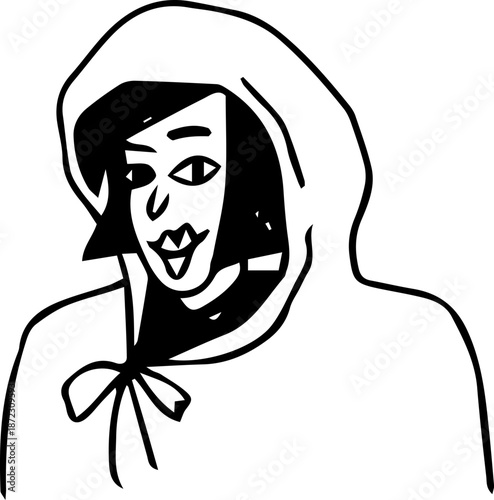A woman with a bob haircut wearing a hoodie. Designed in a bold, grunge style, perfect for icons, posters, or branding, conveying a relaxed and modern look