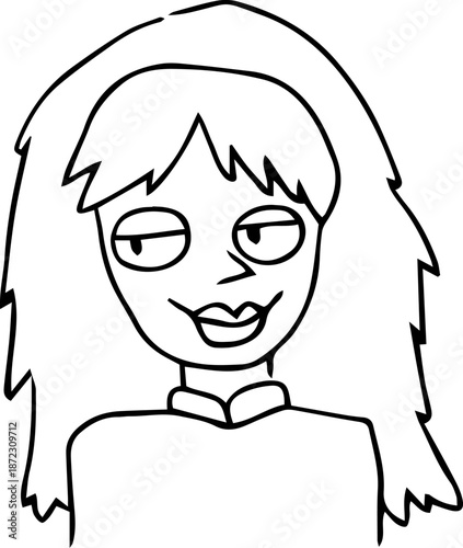 Cute, smiling girl with long, tousled hair and bangs. Drawn in a soft, charming style, perfect for avatars, social media profiles, or branding, radiating warmth and playfulness