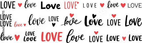 love script and bold type designs with red heart icons