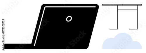 Remote work, cloud computing, online collaboration, digital workspace, modern technology, data storage. Minimalist style laptop, cloud and desk illustration. Remote work and cloud computing concept