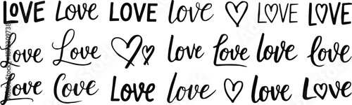 love typography set with hearts and hand lettered word art