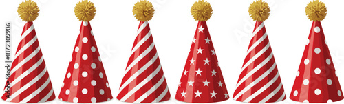 Red party hats set with stripes polka dots and star patterns topped with gold tassels isolated on white background festive vector illustration