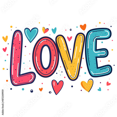 Colorful LOVE Typography with Floating Hearts-The word LOVE in bold, playful letters surrounded by colorful hearts and dots. A cheerful and vibrant design perfect for Valentine’s Day.