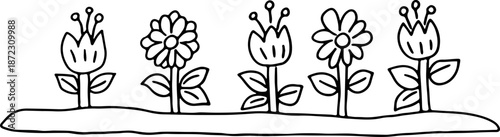 Various flowers, daisies, and tulips blooming and growing. Children drawing. Black curved grunge lines. Suitable for plant themes, growing flowers. Bright design