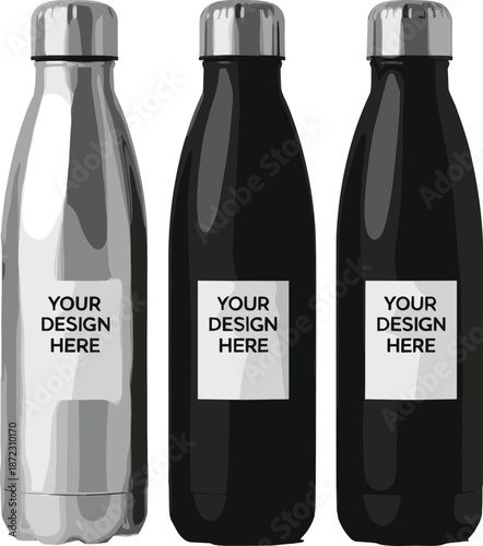 Reusable stainless steel water bottle mockup set with customizable label isolated on white background modern vector illustration