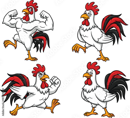 Funny cartoon rooster poses set, strong chicken flexing muscles, farm animal mascot, playful poultry character collection, vector illustration pack