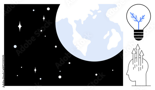 Innovation concept. Innovation ed by Earth in space, a lightbulb with a tree design, and an abstract human head outline with arrows. For science, creativity, technology, education, sustainability