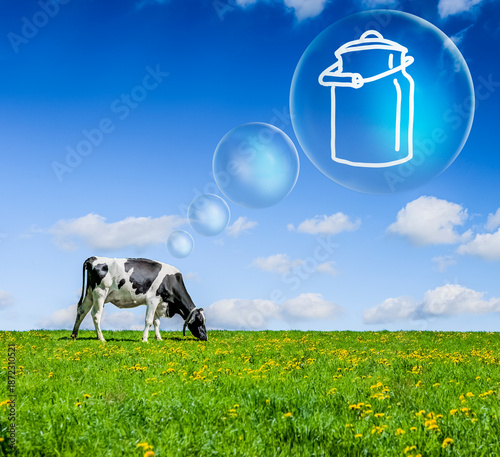 Milchuh mit comiczeichnung einer Milchkanne auf einer wiese