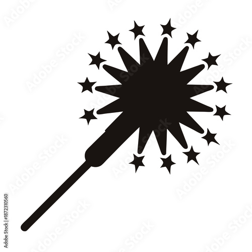 Black silhouette of a festive sparkler with stars surrounding a central burst