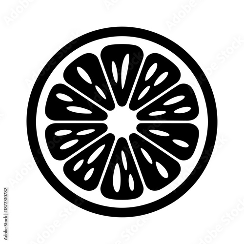 stylized lemon slice silhouette with geometric segments in black and white design, representing freshness