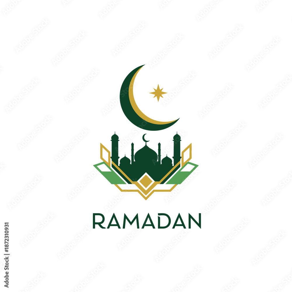 Fototapeta premium Elegant Ramadan greeting card with mosque and crescent moon, symbolizing the holy month of Islamic celebration and spiritual reflection
