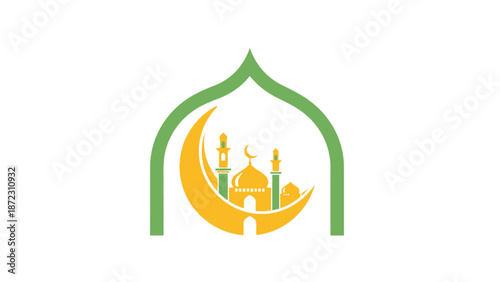 Stylized Islamic mosque and crescent moon icon within a graceful arched frame, representing spirituality and cultural heritage for contemporary design projects