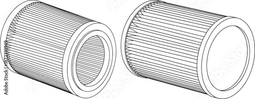 Industrial air filter or oil filter technical outline icons. Cylindrical engine part illustration for automotive maintenance and filtration system concepts.