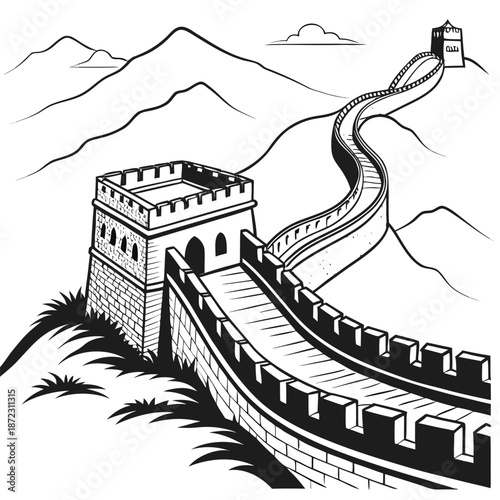 Black and White Vector Illustration of the Great Wall Fortification in China, Ancient Architecture Landmark Line Art