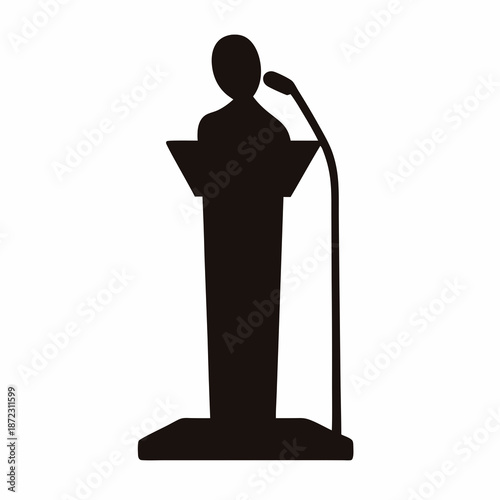 Silhouette of a speaker at a podium with a microphone symbol