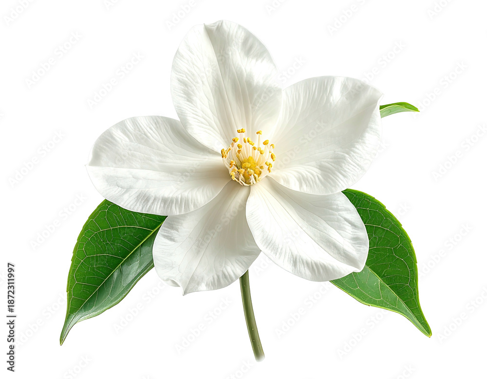 Obraz premium Isolated, pristine white flower with yellow center, accompanied by vibrant green leaves, on black background