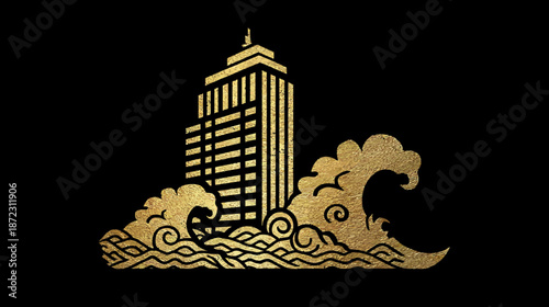 Majestic golden skyscraper partially submerged by powerful stylized waves on a dark background, symbolizing resilience or natural forces.