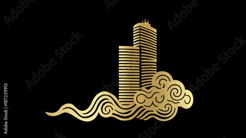 Luxury Golden High-Rise Buildings with Stylized Oriental Clouds and Waves Icon on Black Background