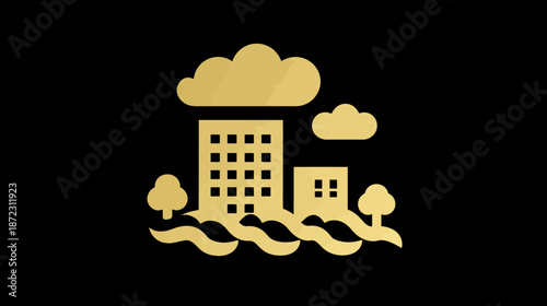 Golden City Flooding Icon: Urban Buildings Submerged by Water, Climate Change, Natural Disaster, Environmental Impact Symbol
