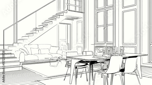 Black and white line art of a modern residential interior, depicting living and dining spaces with a staircase, architectural drawing