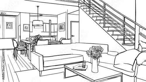 Contemporary open plan living space sketch. Modern home interior design illustration with living room, dining, kitchen, and staircase.