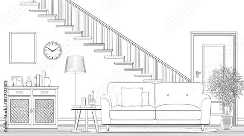 Detailed line art illustration of a modern home interior with living room furniture, staircase, and potted plant. Minimalist sketch.