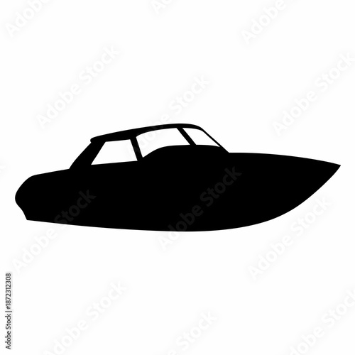 Black Silhouette of a Powerboat Cruising on the Water Against White Backdrop