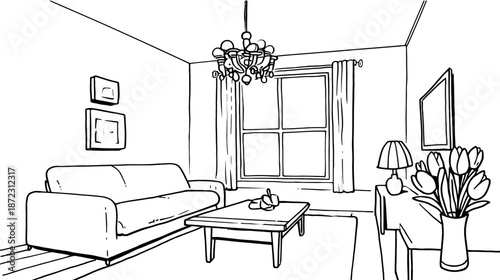 Hand drawn line art illustration of a cozy living room interior with sofa, coffee table, window, and chandelier. Black and white sketch.