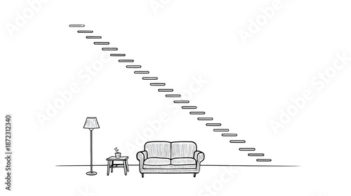 Hand drawn sketch of a living room with a cozy sofa, floor lamp, and a long staircase going upwards. Minimalist home concept.