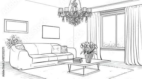 Detailed line art sketch of an elegant living room interior design with sofa, coffee table, chandelier, and window