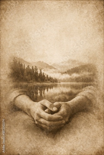 Sunlit window silhouette filled with lake and mountains