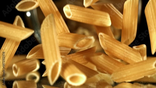 Super slow motion dry penne pasta . Filmed on a high-speed camera at 1000 fps. High quality FullHD footage