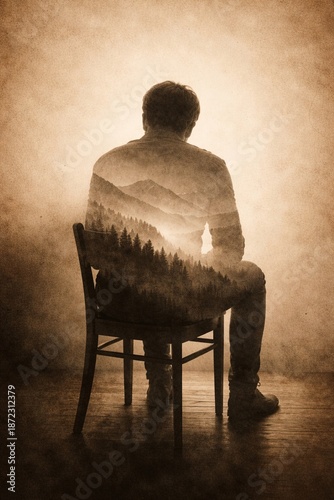 Lone wanderer on misty forest path with mountain overlay