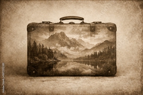 Vintage suitcase silhouette with mountain memories