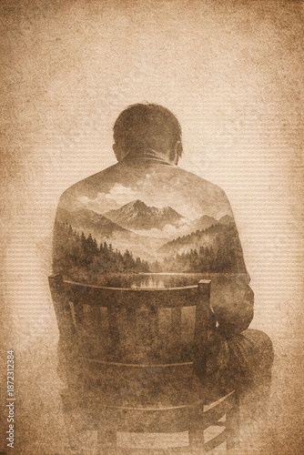 Solitary reflection chair silhouette in mountain dreams