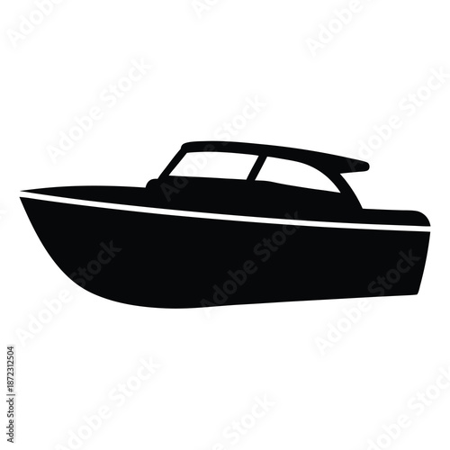 Silhouette of a modern cabin cruiser boat gliding on a pristine white backdrop