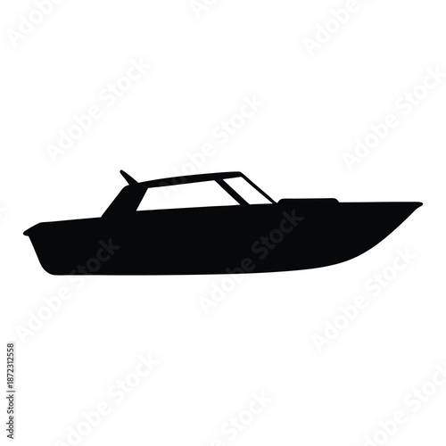 Black silhouette of a cabin motorboat speeding across the water, nautical vessel