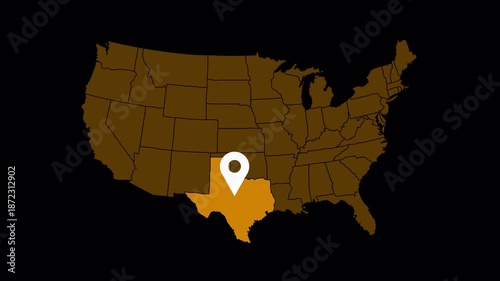 High quality 4K animation of the Texas state map with a location pin marker. Clean motion graphic suitable for navigation, travel, business location, presentations