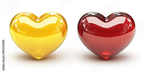 Vibrant glass heart ornaments in yellow and red