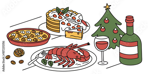 "Festive Food Illustration Featuring Lobster, Cake, Pasta Bake, Wine, and Christmas Tree Accents"