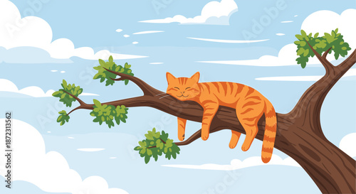 Orange tabby cat sleeping peacefully on a thick tree branch against a background of soft blue sky and fluffy white clouds.