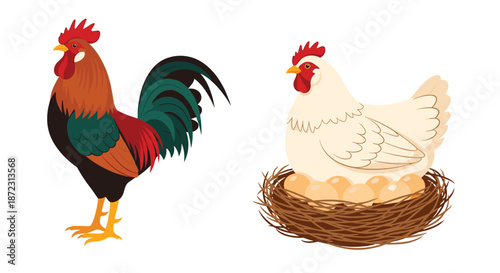 Farm scene illustration featuring a proud rooster standing beside a white hen brooding over a nest of several eggs on white.
